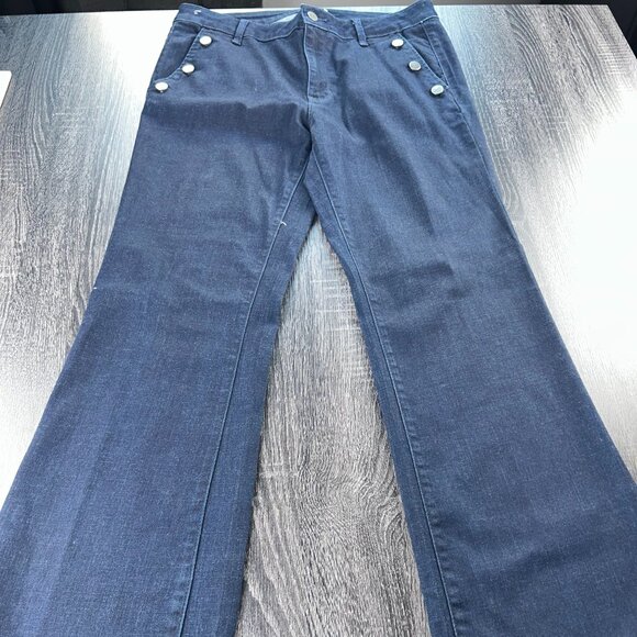 DKNY Women’s Wide Leg Sailor Jeans Size 31 / 12 Dark Wash Denim Button Detail - Picture 1 of 5